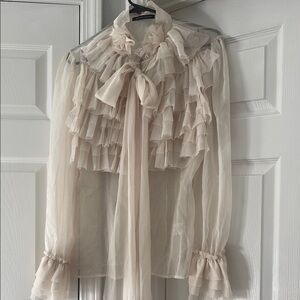 Sheer Ruffle Tie-Neck Blouse - Cream